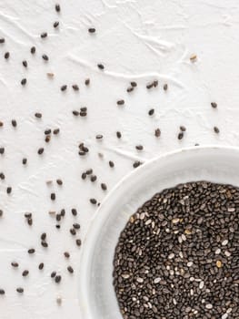 Chia seeds with copy space. Chia seed on white concrete textured background. Top view or flat lay. Copy space. Healthy food and diet concept