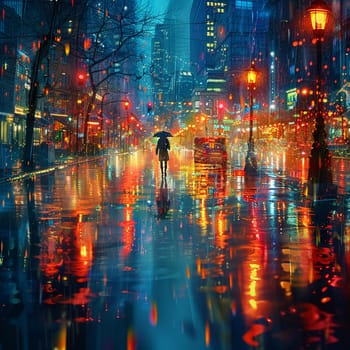 Sparkling City Reflections on a Rain-soaked Boulevard, The lights blur with the pavement, urban life painted in watercolor drops.