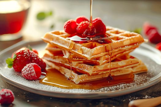 Close-up of a stack of Belgian waffles with fresh raspberries drizzled with maple syrup or honey on a platter.