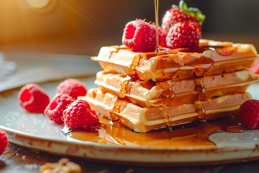 Close-up of a stack of Belgian waffles with fresh raspberries drizzled with maple syrup or honey on a platter.