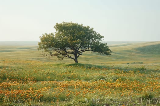 Windswept Prairie with a Lone Cottonwood Tree, The branches blur with the grass, a dance of life in the open expanse.