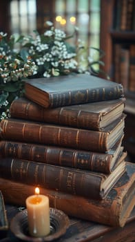 Leather-Bound Books and Soft Candlelight, Historical novels layered and binding-blurred, evoking the romanticism of past narratives.