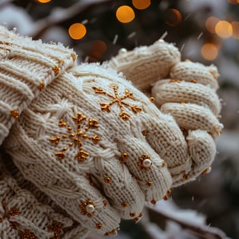 Crystalline Snowflakes Landing on Warm Woolen Mittens, The flakes blur with the wool, the touch of winter on knitted warmth.