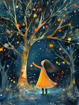 An organism in nature, a girl in a yellow dress is standing under a tree with stars. The branch of the woody plant creates a beautiful scene, resembling a painting