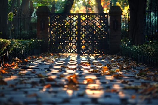 Lacy Shadows Cast by an Intricate Iron Gate, The patterns blur onto the path, the gate's silent storytelling.