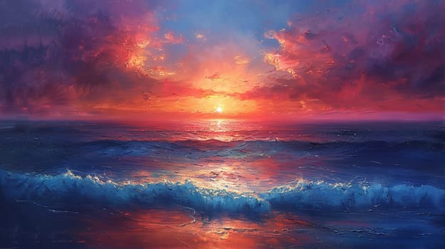 Sunset Reflections on a Calm Ocean Horizon, The sun's colors blur into the water, day's end painted on nature's canvas.