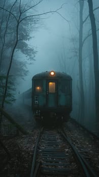 Vintage Train Car Waiting on Foggy Tracks at Dawn, The steel blurs with the mist, an invitation to a journey shrouded in mystery.