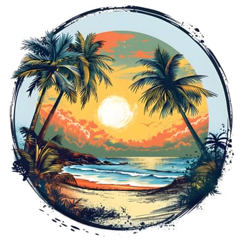 A painting of a sunset on a beach with palm trees in a circle, where the vibrant colors of the sky, water, and trees blend harmoniously in this artistic representation