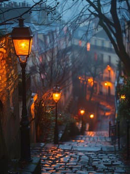 Wrought Iron Street Lamps Flickering in a Historic District, The iron blurs with twilight, guiding the way through cobbled stories.