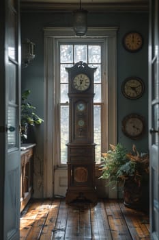 Silent Grandfather Clock Ticking Away in an Empty Hall, The hands blur with time, the heartbeat of a home standing sentinel.