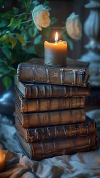 Leather-Bound Books and Soft Candlelight, Historical novels layered and binding-blurred, evoking the romanticism of past narratives.