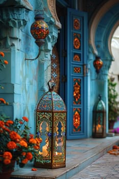 Decorative Arabic lanterns with burning candle stand in the city . Holiday card, invitation to the Eid al-Adha, the holy holiday for Muslims.