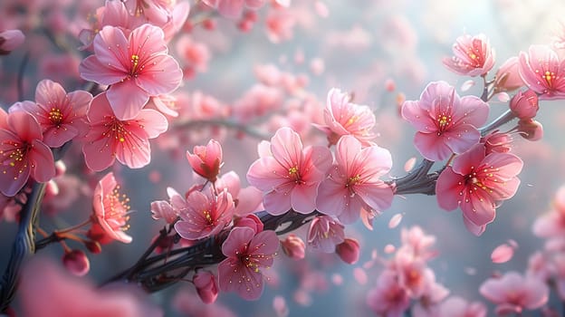 Cherry Blossoms Fluttering in a Gentle Spring Breeze, Petals blur into air, the fleeting beauty of bloom.