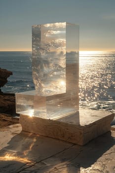 Clear Lucite Podium with a Soft Focus Ocean Horizon, The stand merges with the tranquil seascape, suitable for skincare and wellness items.