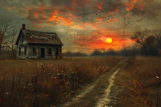 Dilapidated Homestead Fading into a Rural Sunset, The wood blurs with the horizon, a day's end to stories etched in time.