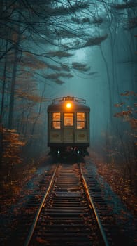 Vintage Train Car Waiting on Foggy Tracks at Dawn, The steel blurs with the mist, an invitation to a journey shrouded in mystery.