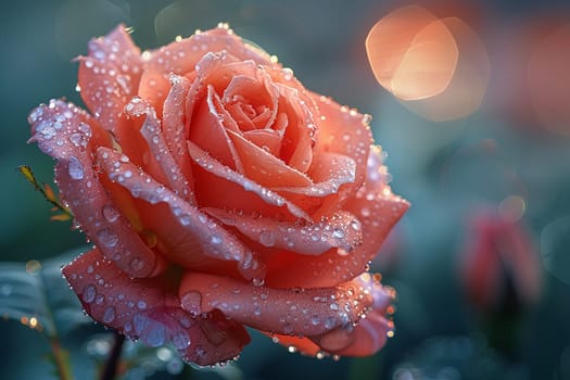 Soft Petals of a Blooming Rose in the Morning Dew, The colors blur into freshness, nature's delicate unfolding.