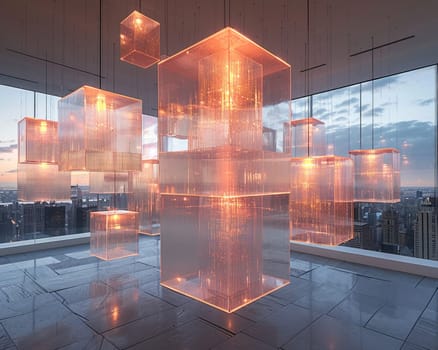 Suspended Glass Cubes Against a Soft Focus City Skyline, The cubes seem to float against the urban backdrop, highlighting sleek and modern packaging.