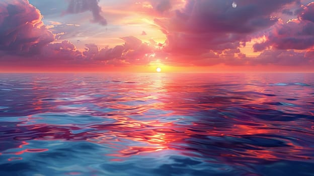 Sunset Reflections on a Calm Ocean Horizon, The sun's colors blur into the water, day's end painted on nature's canvas.