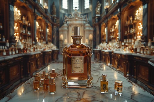 Ornate Gothic Podium in a Blurred Historical Cathedral Setting, The detailed stand merges with the grandeur, suited for luxurious fragrance launches.