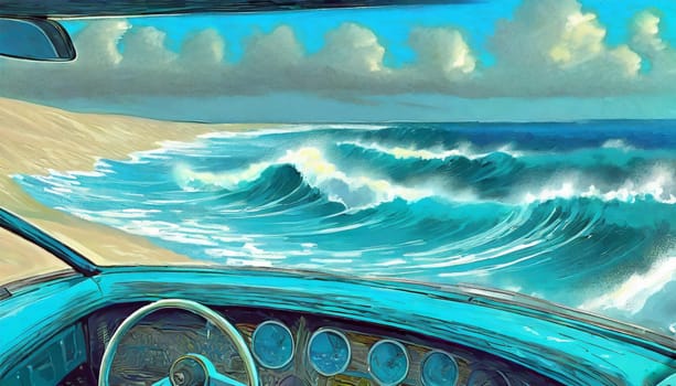 View of scenic ocean waves, clouds and blue sky and the beach, looking through a vintage car windshield past rear view mirror. Concept of vacaton travel and peace at the sea shore. AI illustration