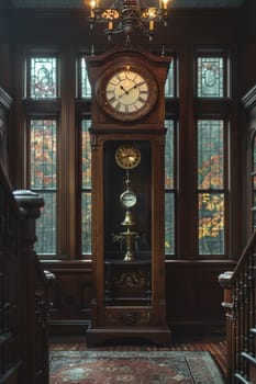 Silent Grandfather Clock Ticking Away in an Empty Hall, The hands blur with time, the heartbeat of a home standing sentinel.