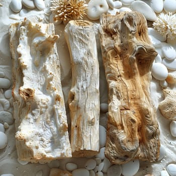 Sun-bleached Driftwood Display on a Coastal Dune, The wood blurs with the sand, perfect for eco-friendly and beach-inspired beauty products.