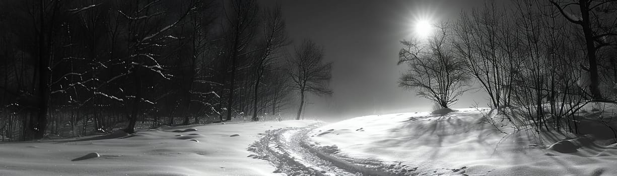 Bare Branches Casting Shadows on a Moonlit Snowy Path, The limbs blur with the snow, a monochrome ballet of nature's quiet.
