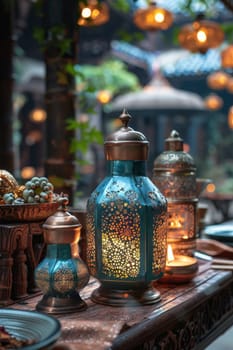 Decorative Arabic lanterns with burning candle stand in the city . Holiday card, invitation to the Eid al-Adha, the holy holiday for Muslims.