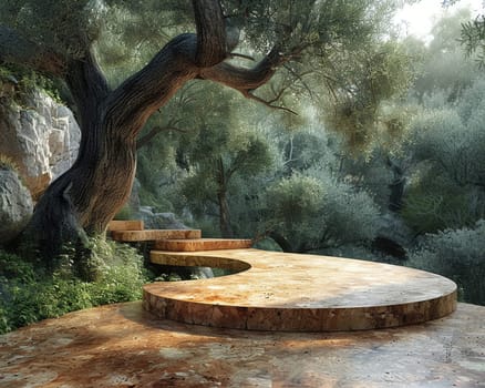 Textured Cork Podium in a Mediterranean Olive Grove, The natural podium merges with the grove, representing sustainability and purity.