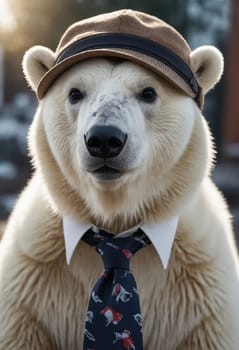 Adding a fantastic twist to the ordinary, this portrayal showcases an elegant polar bear in a white-collared shirt and a stylish tie – inducing smiles at nature's intersection with human fashion.