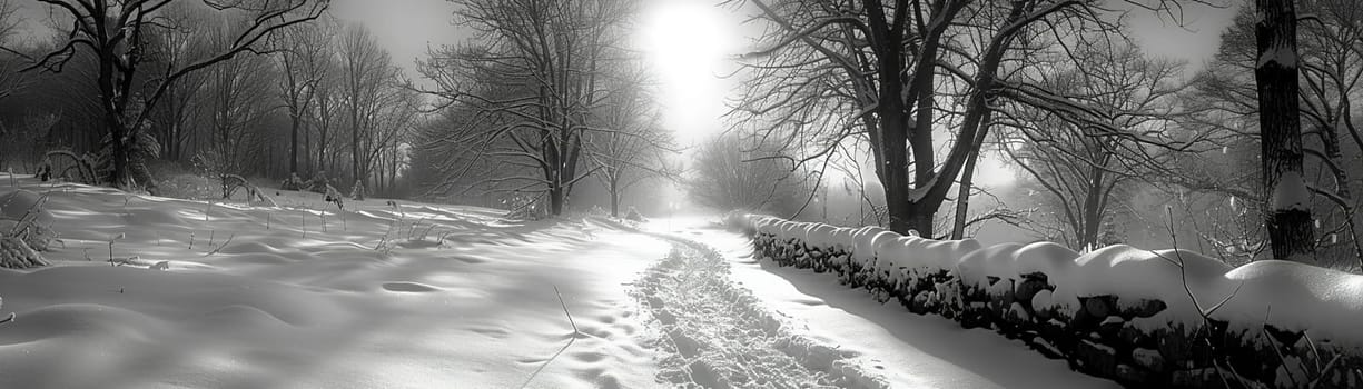 Bare Branches Casting Shadows on a Moonlit Snowy Path, The limbs blur with the snow, a monochrome ballet of nature's quiet.