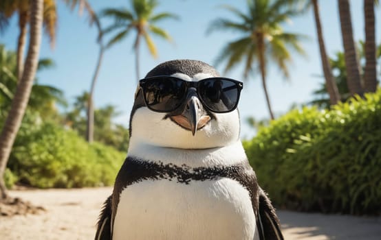 A delightful representation of a penguin nailing the cool look with a trendy pair of sunglasses. An unusual perspective of wildlife making a bold statement.