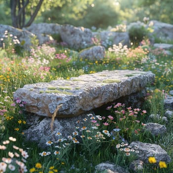 Rustic Stone Plinth Surrounded by Wildflowers and Greenery, The natural textures blur into an outdoor, organic environment, perfect for eco-friendly products.