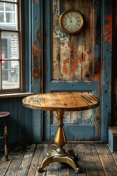 Vintage Brass Pedestal on an Antique Wood Table, The warm metal tones blend with the rich history of the wooden backdrop, ideal for heritage brands.