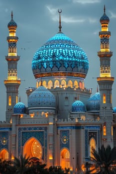 the Arab mosque in the evening lights. Eid al-adha. The Feast of Sacrifice.