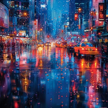 Sparkling City Reflections on a Rain-soaked Boulevard, The lights blur with the pavement, urban life painted in watercolor drops.