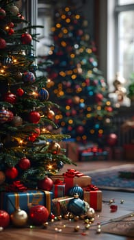 A beautifully decorated Christmas tree with ornaments and lights stands tall in the living room, surrounded by gifts waiting to be opened on Christmas Eve