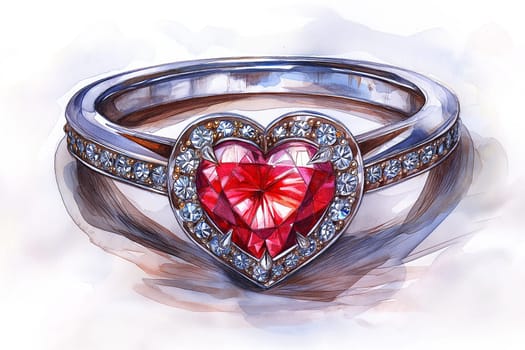 Illustration of a heart shaped red gemstone ring with surrounding diamonds.