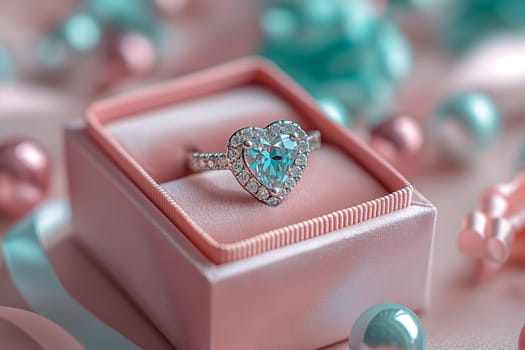 Elegant heart shaped diamond ring displayed in a pink box.