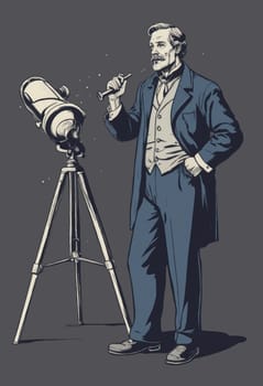 Under a celestial canopy, a stargazer in formal wear meticulously adjusts an old-fashioned telescope, linking past and present explorations.