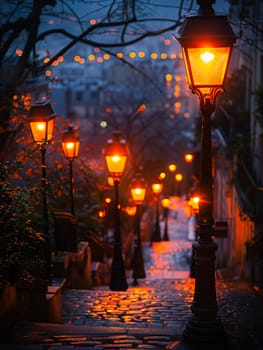 Wrought Iron Street Lamps Flickering in a Historic District, The iron blurs with twilight, guiding the way through cobbled stories.