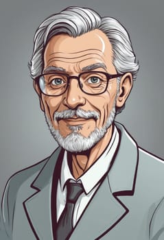 Poised in professional attire including a lab coat and tie, the individual's messy silver hair adds character to their scientific role.