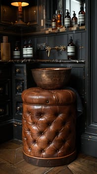 Aged Leather Pedestal in a Gentleman's Club Environment, The leather merges with the backdrop of luxury and masculinity, ideal for men's grooming products.