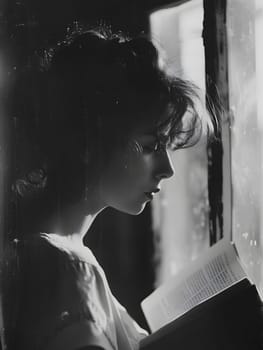 A lady is seated by a window, immersed in a book. The room is dimly lit, casting shadows on her face. She wears dark sunglasses to shield her eyes from the bright sun outside