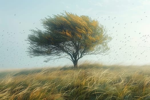 Windswept Prairie with a Lone Cottonwood Tree, The branches blur with the grass, a dance of life in the open expanse.