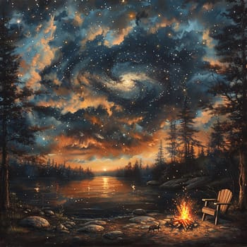 Crackling Campfire Embers Under a Canopy of Stars, The fire blurs with the night, stories and warmth shared under the cosmos.