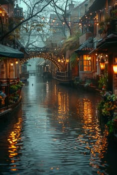 Softly Illuminated Cobblestone Bridge Over a Quiet Canal, The lights blur into the water, a tranquil passage through time.