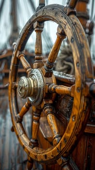 Old Wooden Ship's Helm Standing Guard Over a Silent Deck, The wheel blurs with the sea, the ghost of navigation and past voyages.