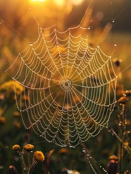 Dewy Morning Spiderweb in a Sunlit Meadow, Water droplets blurring on silk strands, a delicate trap glistening with life's intricacy.